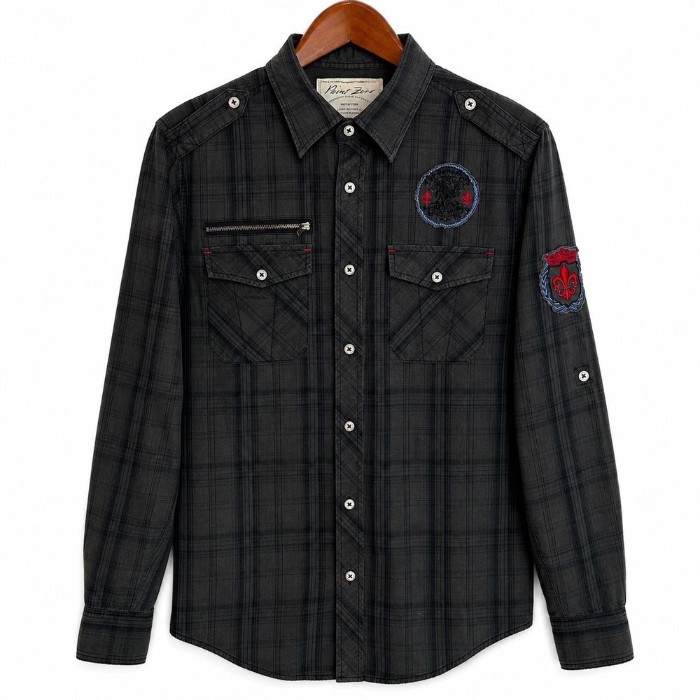 Point Zero Mens Plaid Military Button Down Shirt Green Black Epaulettes Patches